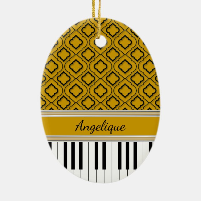 Personalized Piano Keys Black Quatrefoil on Gold Ceramic Ornament (Back)