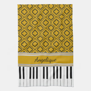 Personalized Piano Keys Black Quatrefoil on Gold Kitchen Towel