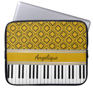 Personalized Piano Keys Black Quatrefoil on Gold Laptop Sleeve