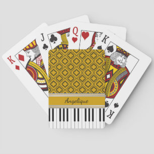 Personalized Piano Keys Black Quatrefoil on Gold Playing Cards