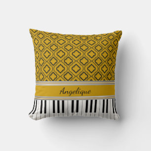 Personalized Piano Keys Black Quatrefoil on Gold Throw Pillow