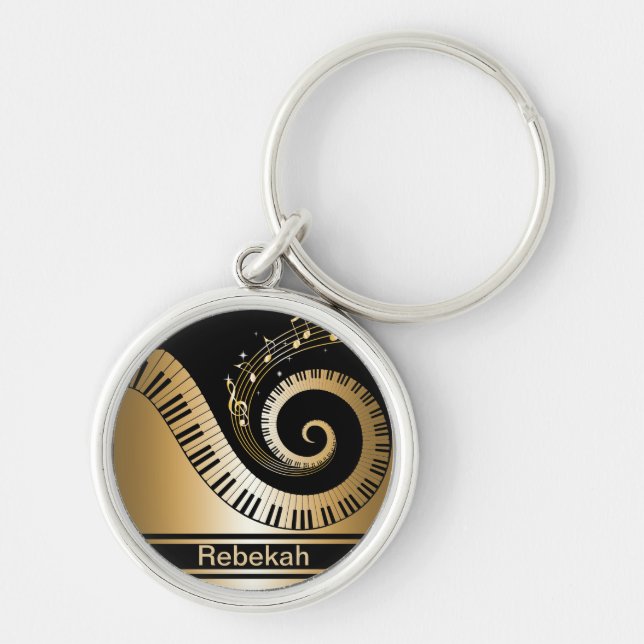 Personalized Piano Keys Gold Music Notes Keychain (Front)