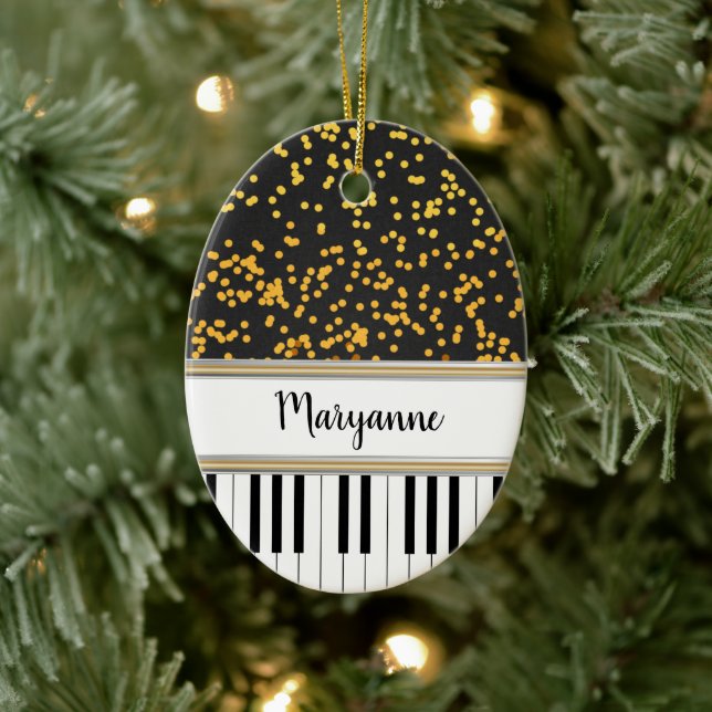Personalized Piano Keys Gold Polka Dots Pattern Ceramic Ornament (Tree)