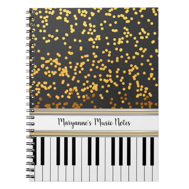 Personalized Piano Keys Gold Polka Dots Pattern Notebook (Front)