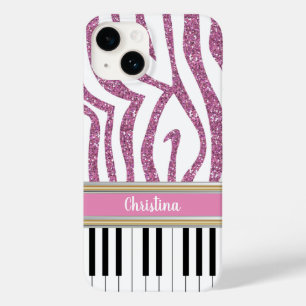 Personalized Piano Keys Pink Glitter Zebra Print Case-Mate iPhone 14 Case