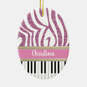 Personalized Piano Keys Pink Glitter Zebra Print Ceramic Ornament
