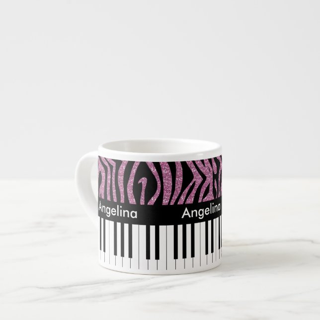 Personalized Piano Keys Pink Glitter Zebra Print Espresso Cup (Front Left)
