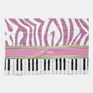 Personalized Piano Keys Pink Glitter Zebra Print Kitchen Towel
