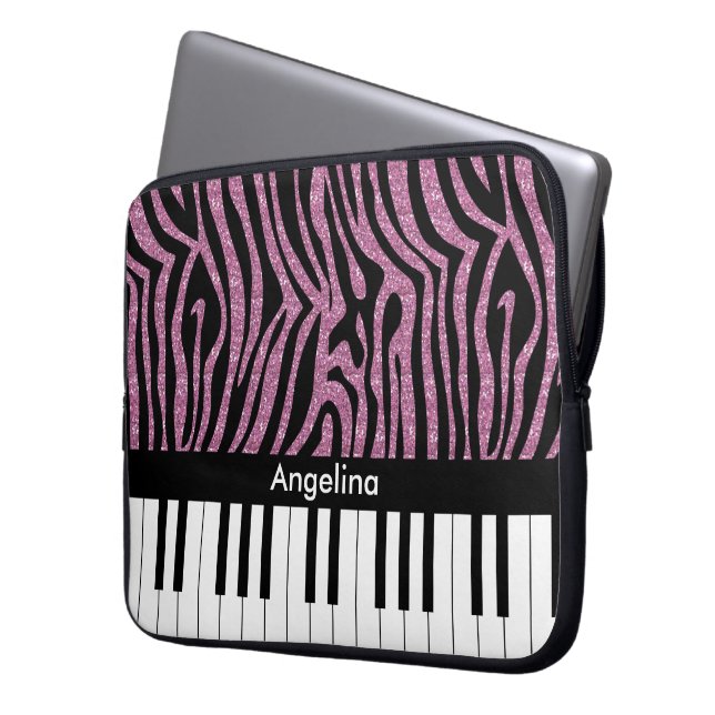 Personalized Piano Keys Pink Glitter Zebra Print Laptop Sleeve (Front Left)