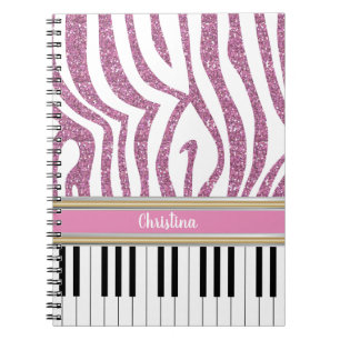 Personalized Piano Keys Pink Glitter Zebra Print Notebook