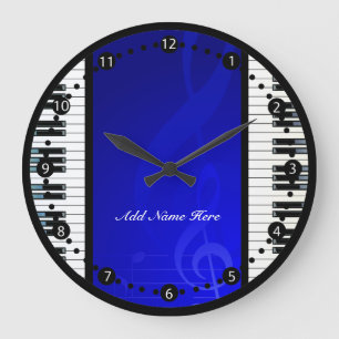 Personalized Piano Keys with Blue  Musical Notes Large Clock