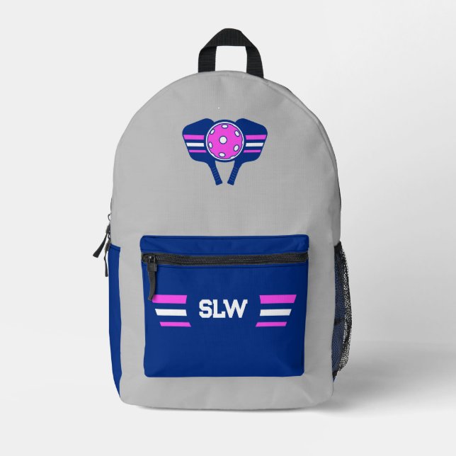 Personalized Pickleball Blue and Hot Pink Printed Backpack (Front)