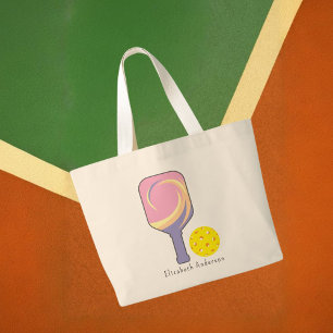 Personalized Pickleball Name Striped Paddles Large Tote Bag