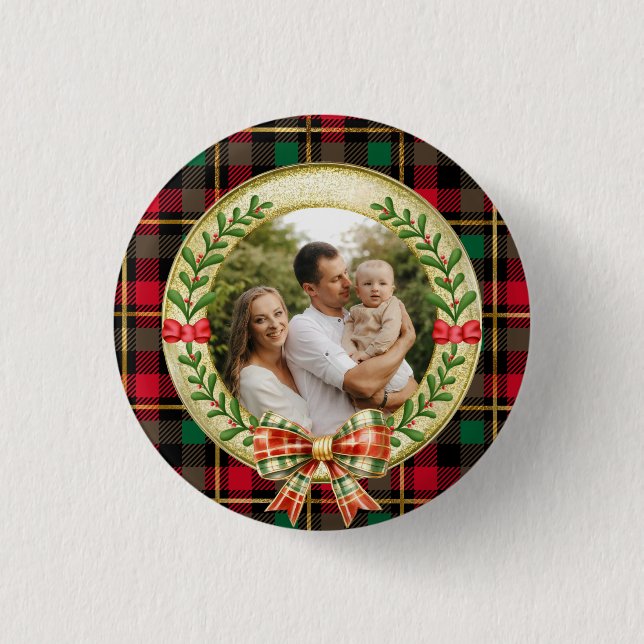 Personalized Picture Frame and Christmas Wreath  1 Inch Round Button (Front)