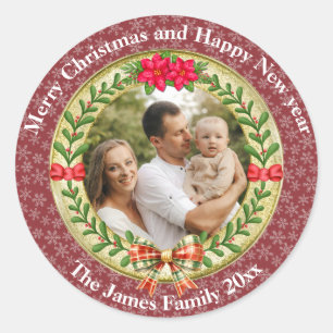 Personalized Picture Frame and Christmas Wreath  Classic Round Sticker