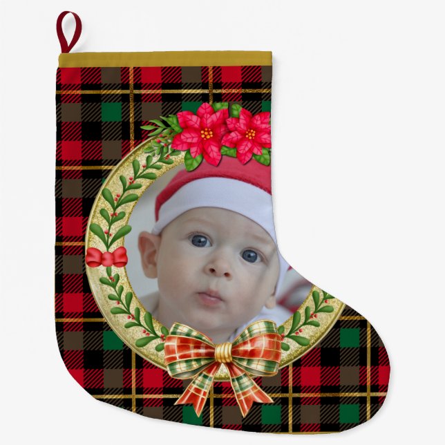 Personalized Picture Frame and Christmas Wreath  Large Christmas Stocking (Front)