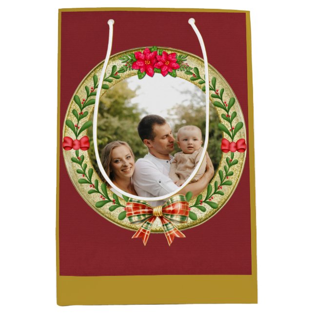 Personalized Picture Frame and Christmas Wreath  Medium Gift Bag (Front)