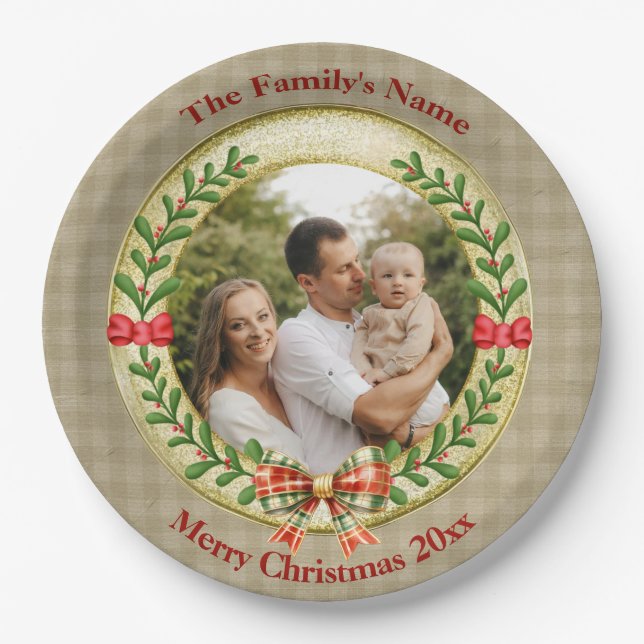 Personalized Picture Frame and Christmas Wreath  P Paper Plate (Front)