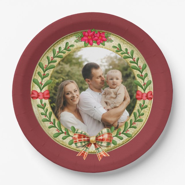 Personalized Picture Frame and Christmas Wreath  Paper Plate (Front)