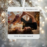 Personalized Picture Our First Christmas Engaged Metal Ornament<br><div class="desc">Commemorate a milestone holiday with the Personalized Picture Our First Christmas Engaged Metal Ornament. This couple photo ornament is the perfect way to capture your engagement and celebrate your first Christmas together. Featuring a modern minimalist black and white aesthetic, this ornament elegantly showcases your favourite photo with a simple yet...</div>