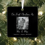 Personalized Picture Our First Christmas Married Metal Ornament<br><div class="desc">Celebrate your first Christmas as a married couple with our Personalized Picture Our First Christmas Married Metal Ornament. This elegant ornament features a modern, minimalist design, perfect for couples who appreciate a clean and simple aesthetic. Crafted from durable metal, it’s designed to last as a cherished keepsake of your special...</div>