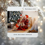 Personalized Picture Our First Christmas Married Metal Ornament<br><div class="desc">Celebrate your first holiday season as a married couple with the Personalized Picture Our First Christmas Married Metal Ornament. This beautifully designed keepsake features your favourite couple photo, making it a heartfelt way to honour your newlywed status. The sleek, minimalist black and white design, paired with simple typewriter typography, gives...</div>