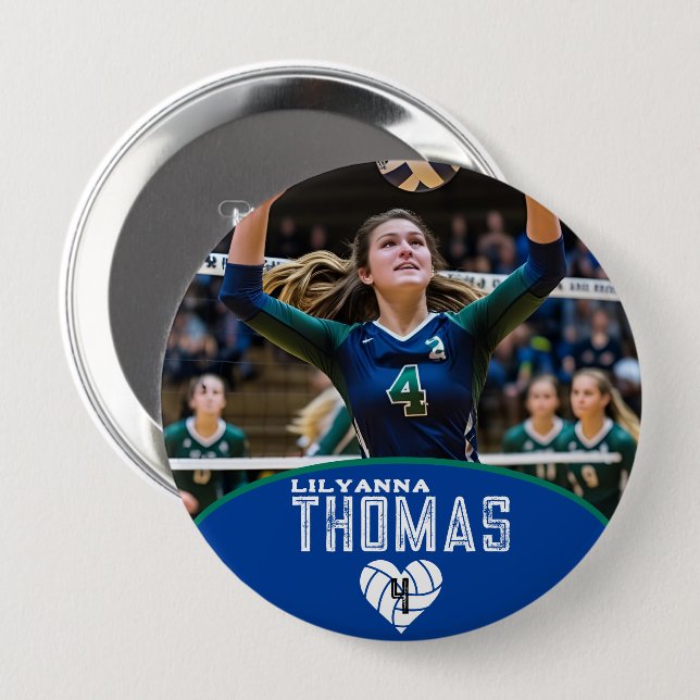 Personalized Picture Volleyball Player Name Number 4 Inch Round Button (Front & Back)