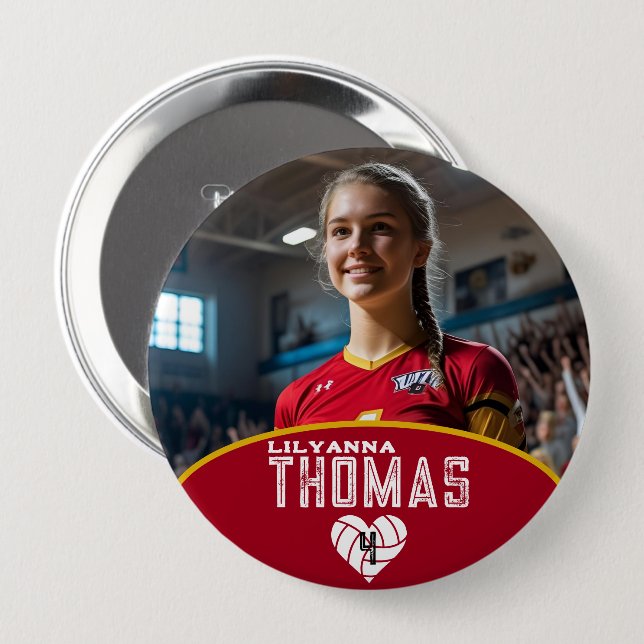 Personalized Picture Volleyball Player Name Number 4 Inch Round Button (Front & Back)