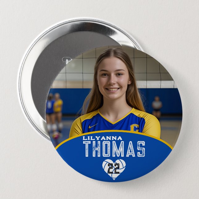Personalized Picture Volleyball Player Name Number 4 Inch Round Button (Front & Back)