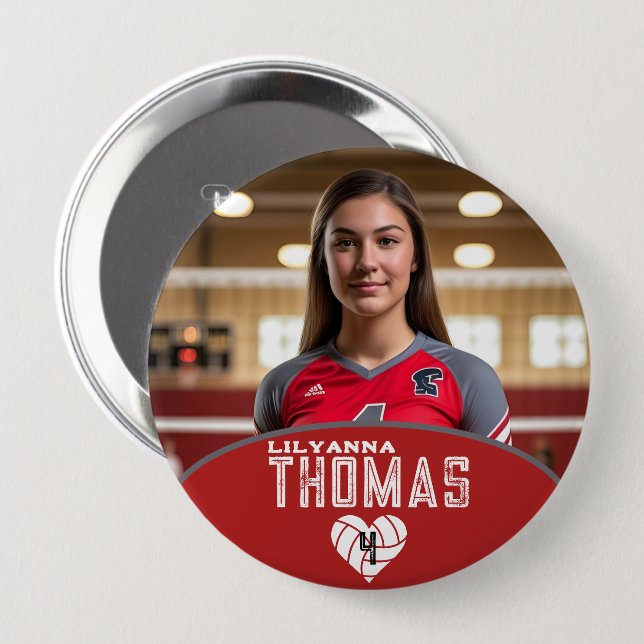 Personalized Picture Volleyball Player Name Number 4 Inch Round Button (Front & Back)