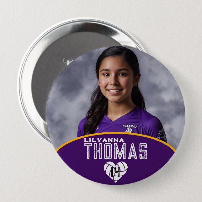 Personalized Picture Volleyball Player Name Number 4 Inch Round Button (Front & Back)
