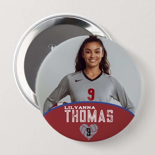 Personalized Picture Volleyball Player Name Number 4 Inch Round Button (Front & Back)