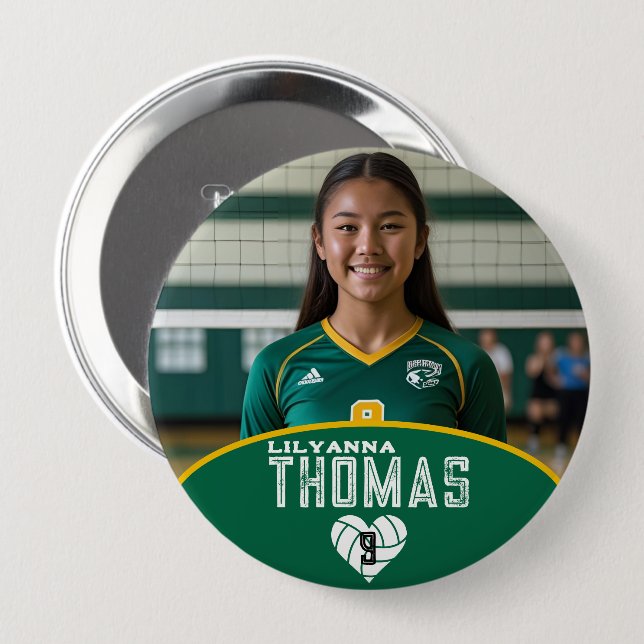 Personalized Picture Volleyball Player Name Number 4 Inch Round Button (Front & Back)