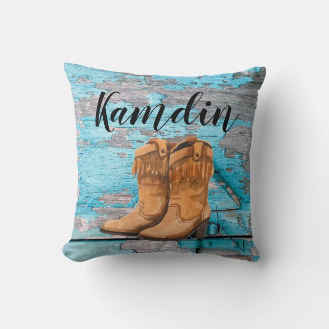 Personalized Pillow Blue Wood Barn Door Boots Coun (Front)