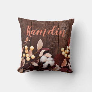 Personalized Pillow Cotton Branch on Dark Wood Ste
