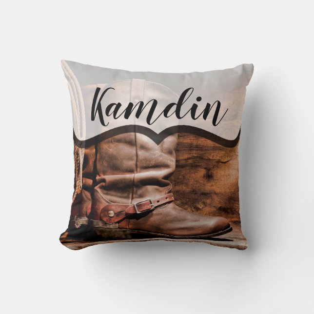 Personalized Pillow Cowboy Boots Barn Wood Rustic (Front)