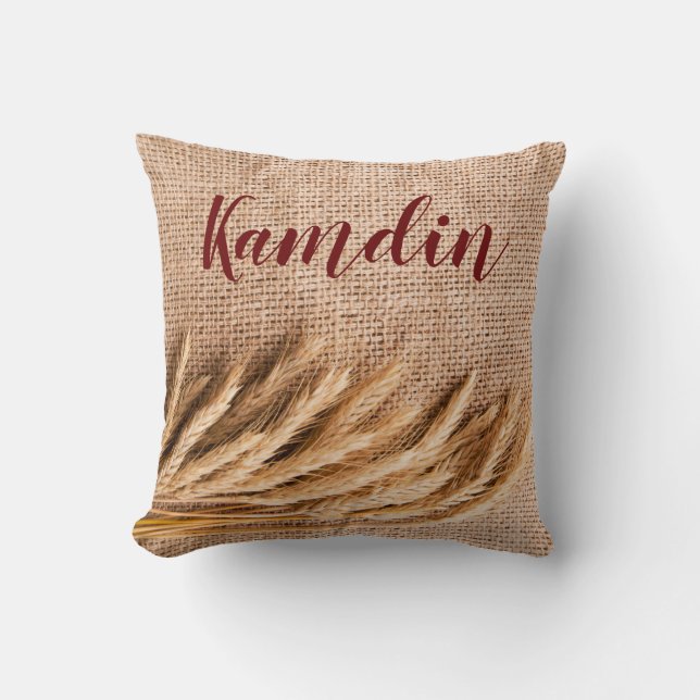 Personalized Pillow Wheat on Burlap Sack Country R (Front)