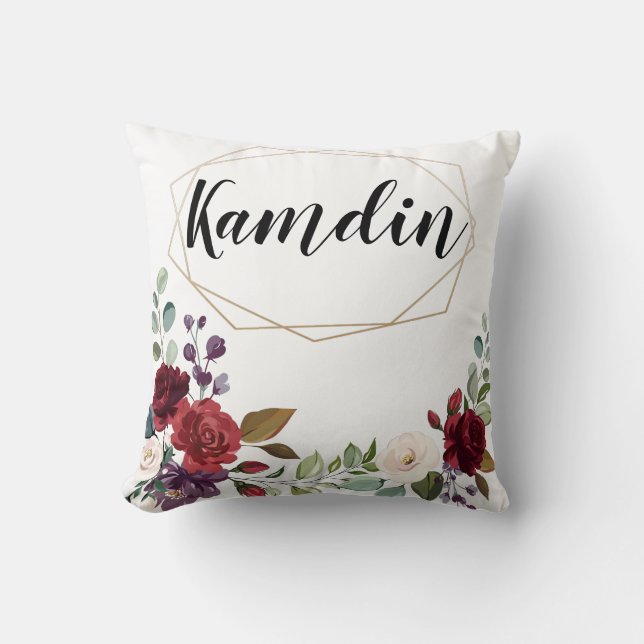 Personalized Pillow White Roses Gold Geometric Flo (Front)