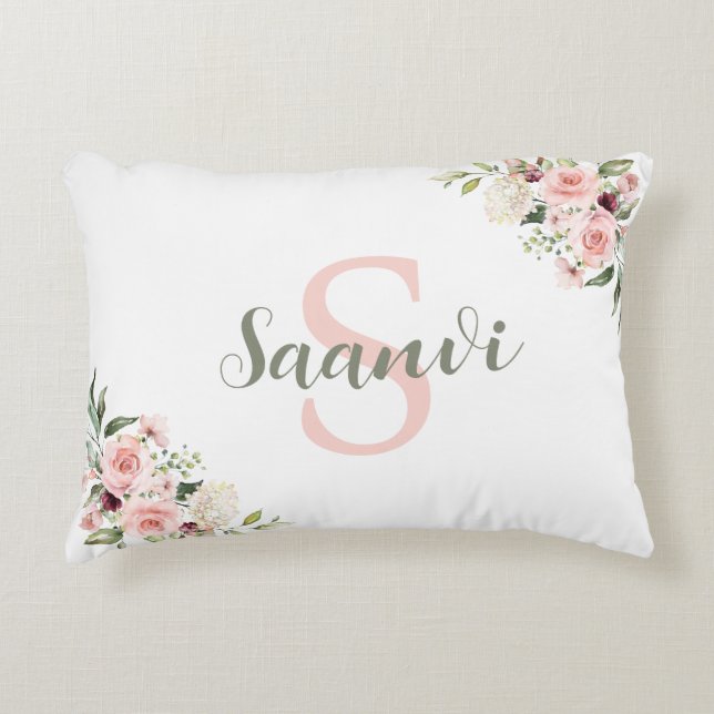 Personalized pillow with initial, name, and roses (Front)