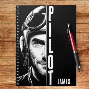 Personalized, Pilot Face, Comic, Black and White Notebook