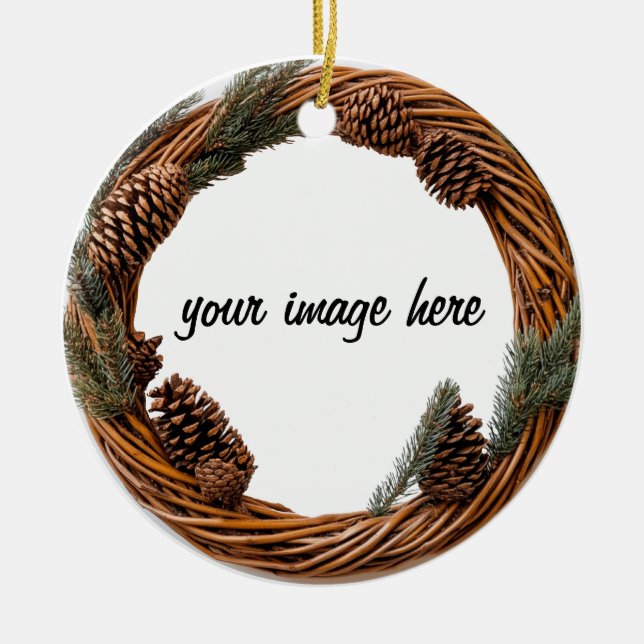 personalized pine cone wreath ceramic ornament (Front)