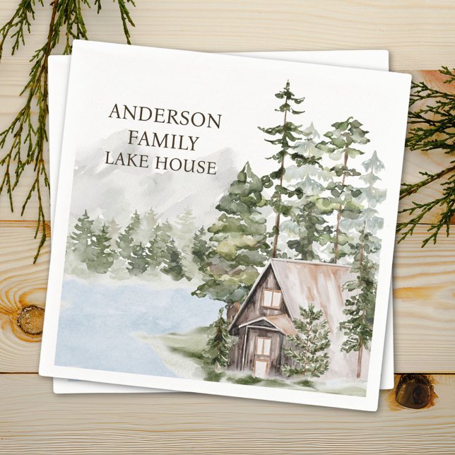 Personalized Pine Forest Family Lake House Cabin Napkin (In situ)