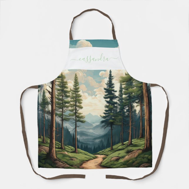 Personalized Pine Forest Path Design with Name Apron (Front)