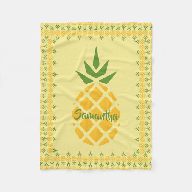 Personalized Pineapple, Editable Yellow Background Fleece Blanket (Front)