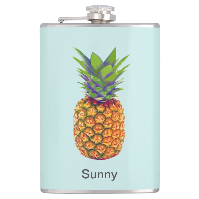 Personalized Pineapple Fruit on Light Blue Hip Flask (Front)