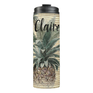 Personalized Pineapple on Gold Foil Striped  Thermal Tumbler