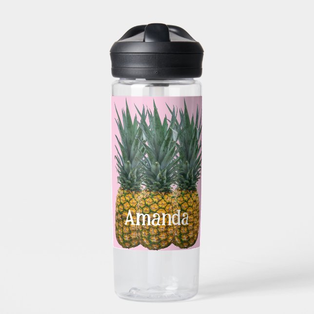 Personalized Pineapple on Pastel Pink  Water Bottle (Front)