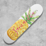 Personalized Pineapple Skateboard<br><div class="desc">This girly Skateboard is decorated with a hand drawn pineapple in shades of yellow and green with pink typography.
Easily customizable with our name.
Because we create our own artwork you won't find this exact image from other designers.
Original Watercolor © Michele Davies.</div>