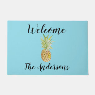 Personalized Pineapple Watercolor Blue Welcome Doormat