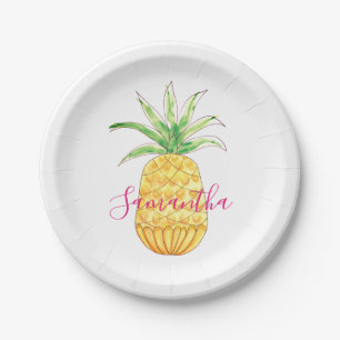 Personalized Pineapple Yellow Pink Watercolor Paper Plate